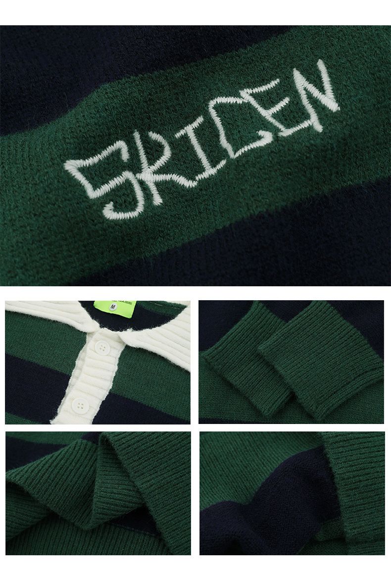 Retro Striped Polo Knit Sweater, Oversized Collared Pullover, Vintage-Inspired Unisex Winter Sweater In Dark Green & Black/White_voghion.com