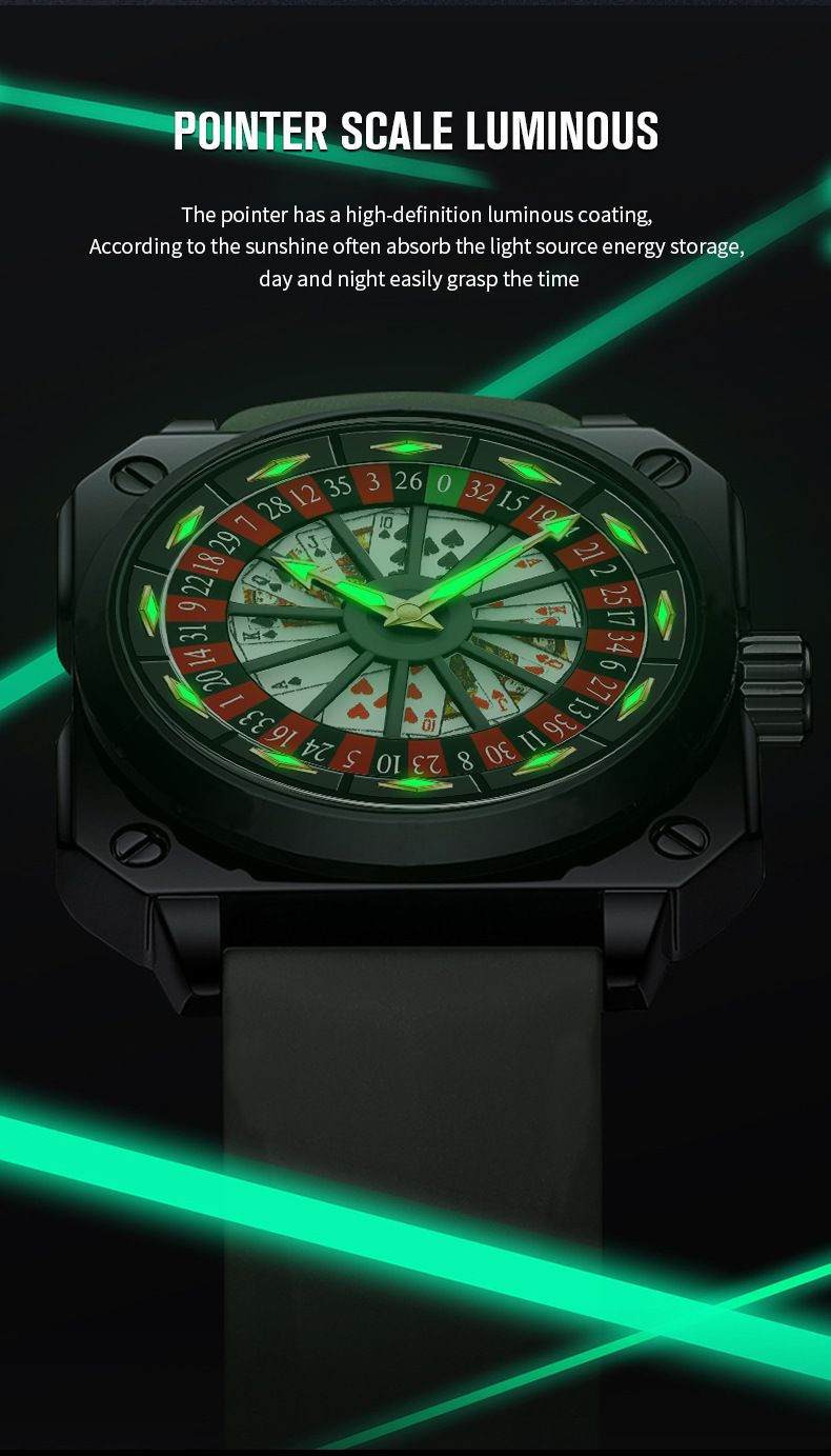 Men's Stylish Poker-Themed Quartz Watch With Rotating Dial, Waterproof & Luminous, 42mm Case, Silicone Strap Waterproof Luminous_voghion.com