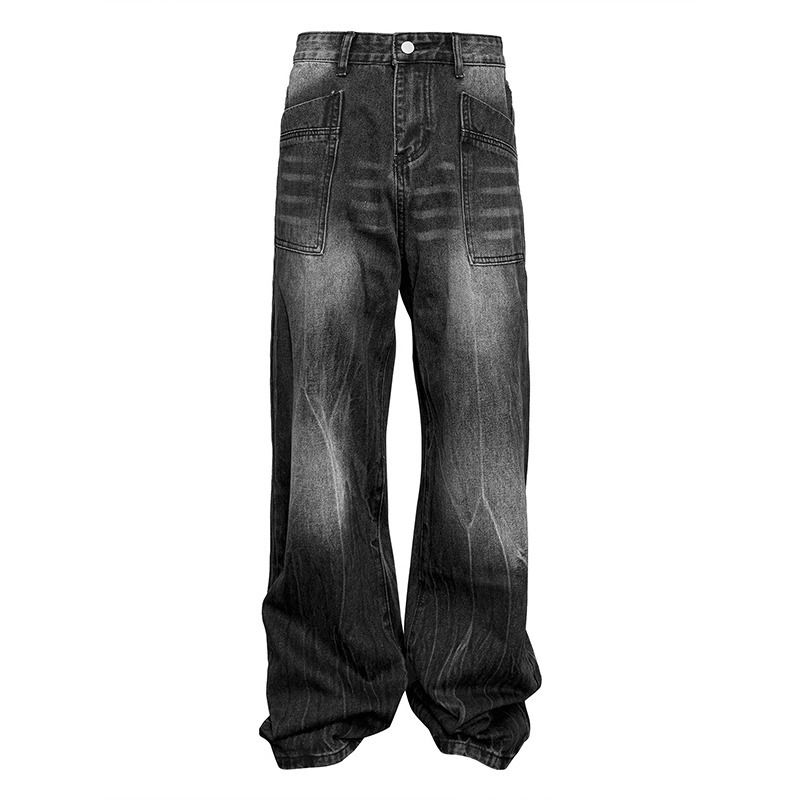 Source Factory Black Washed Straight Jeans Men's Loose Versatile High Street Vibe Street Design Pants Trendy_voghion.com