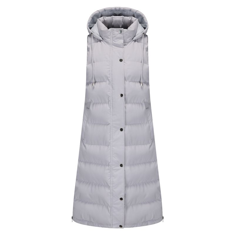 Women's Long Sleeveless Hooded Vest With Zip Front, Quilted Padded Jacket For Winter, Casual Outerwear In Solid Colors_voghion.com