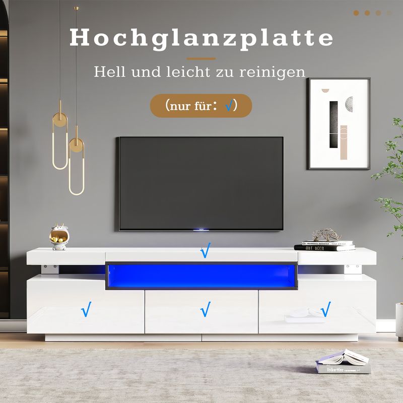 Meuble TV élégant et brillant 160 x 39 x 42 cm – Blanc avec éclairage LED 16 couleurs – Convient aux téléviseurs jusqu'à 70 pouces – Comprend 3 tiroirs et un support TV brillant_voghion.com