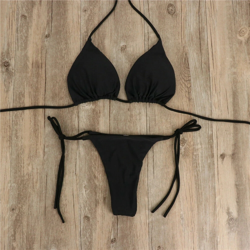 Kadın Tanga Bikini Yan Bağcıklı Seksi Bandaj Stil Brezilya Mayo Boyun Askılı Düz Renk Ayarlanabilir Mayo Takımı_voghion.com
