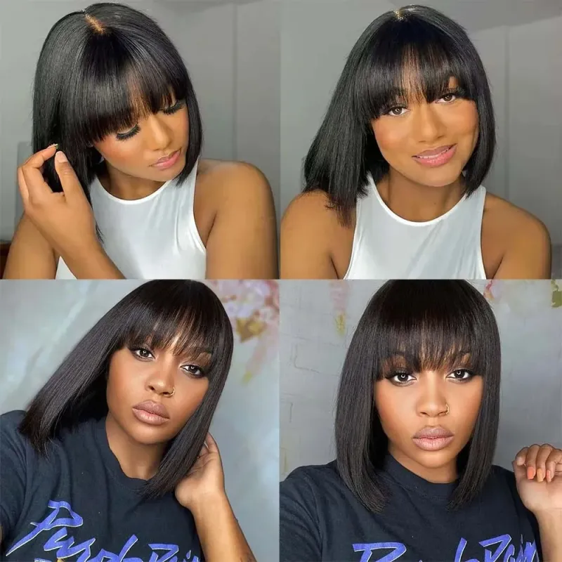 Brazilian Short Straight Hair Bob Wigs Human Hair Wig With Bangs Remy Full Machine Made Wig for Women Non Lace Glueless Bob Wig_voghion.com