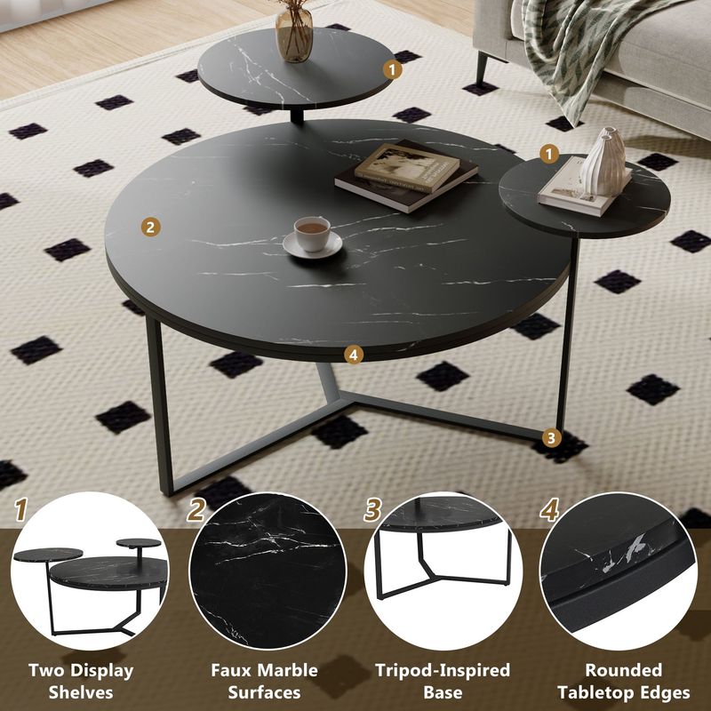 Modern Coffee Table With Two Display Shelves, Black Marble Surfaces, Tripod-inspired Base,Rounded Tabletop Edges_voghion.com