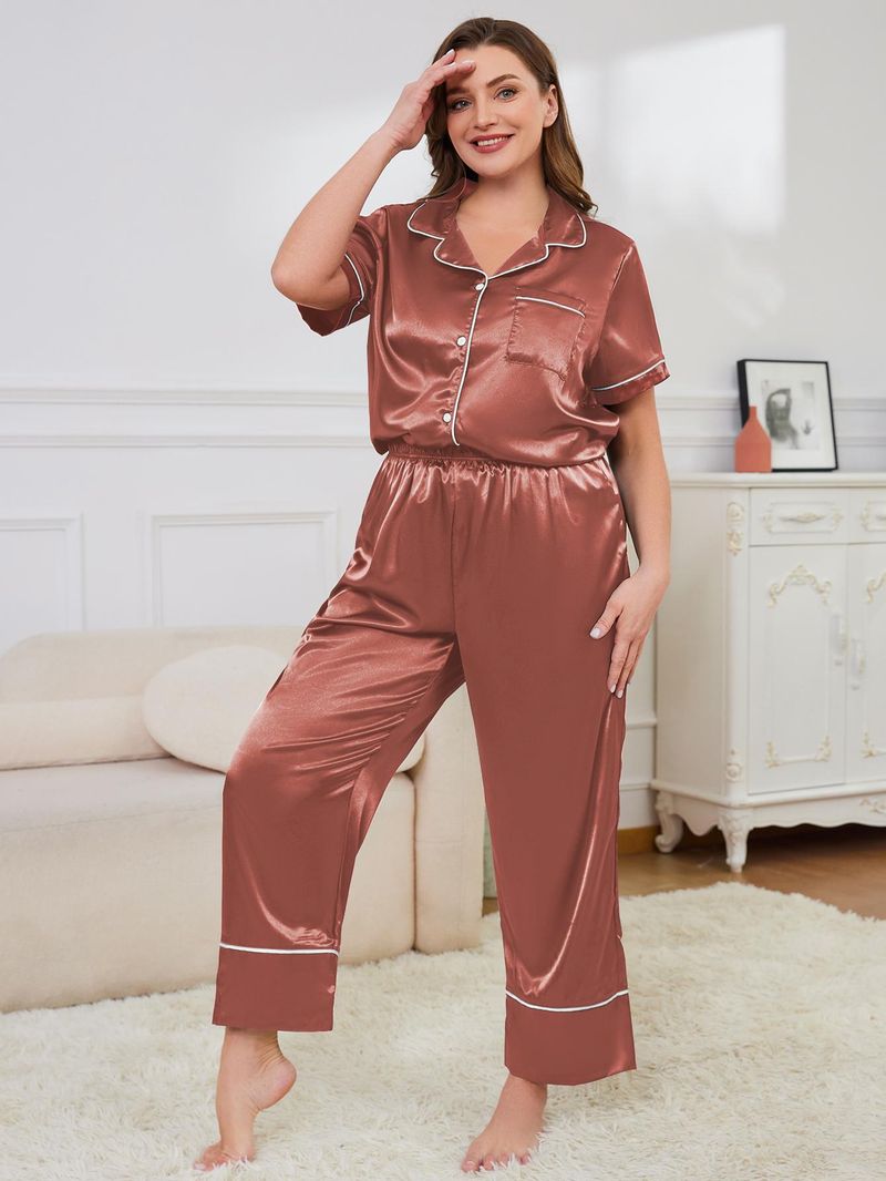 Pigiama da donna di grandi dimensioni, estivo, semplice, casual, in seta, a maniche corte, con pantaloni, abbigliamento per la casa, set da due pezzi_voghion.com