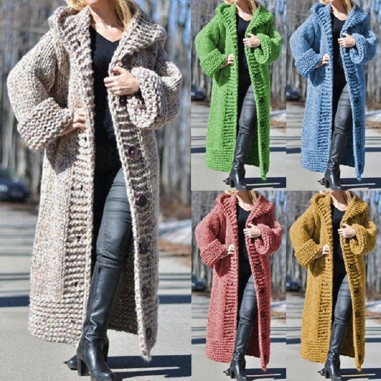 Damenbekleidung neue Kapuzenstrickjacke verdickter Strickpullover langer Pullover_voghion.com