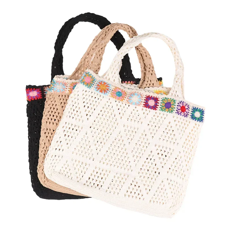Bolsa de compras de crochê com flor, estilo hobo, para o verão, com alça de ombro em tricô, ideal para viagens e férias._voghion.com