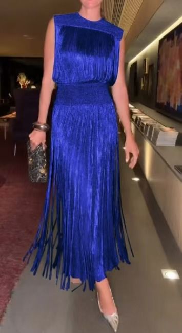 Vêtements pour femmes, robe de soirée élégante à pompons sans manches, costume deux pièces_voghion.com