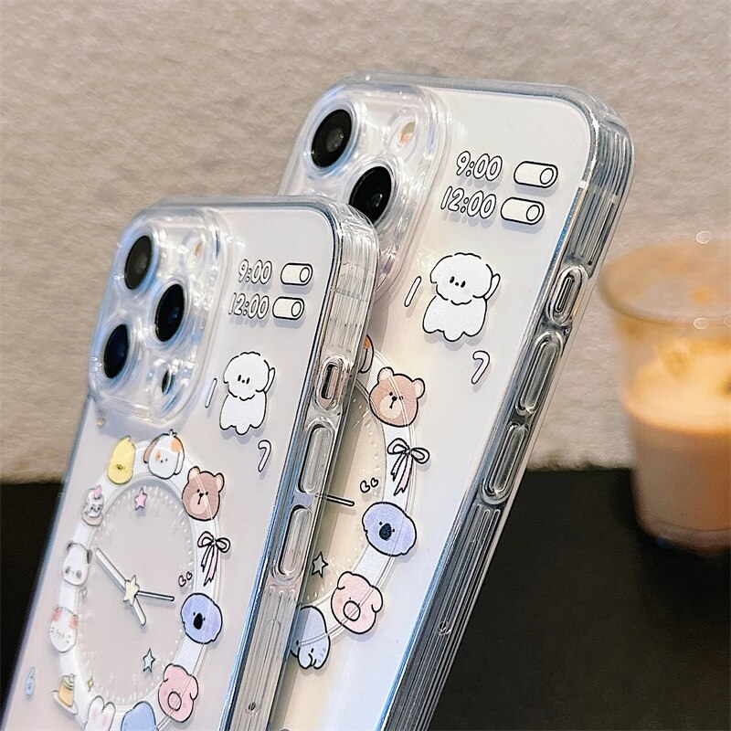 Cute Cartoon Animal Dog Cat Clear Phone Case For IPhone 11 12 13 14 15 16 Pro Max Plus Wireless Charging Magnetic Cover_voghion.com