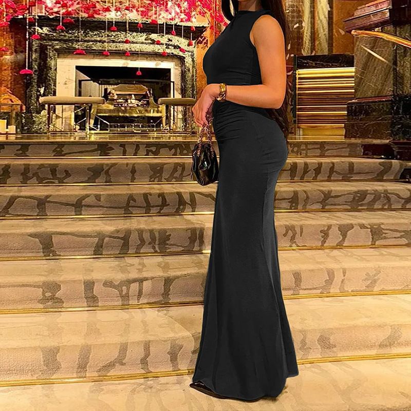 2025 2025 New European And American Women's Fashion Solid Color Elegant Sexy Slim Fit Ruched Bodycon_voghion.com