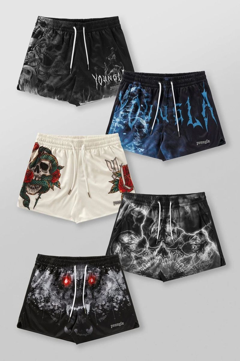 Pantaloni scurți sport pentru bărbați, cu patru puncte, cu craniu, imprimare 3D, plasă, uscare rapidă, respirabil, pentru alergare pe plajă_voghion.com