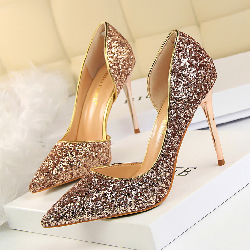 8688 Style Sexy Nightclub Slimming Women's with Thin High Heels, Shallow Mouth, Sharp Toe, Side Hollow Sequin Single_voghion.com