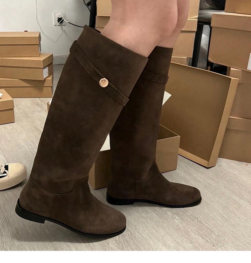 Carefully Selected Internet Celebrity Style ~ Small Gold Buckle Mid-Calf Long Heel Thick Sole Over-the-Knee Slimming_voghion.com
