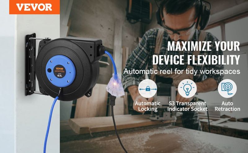 VEVOR Retractable Extension Cord Reel Power Cord Reel 45FT 12AWG/3C SJTOW_voghion.com