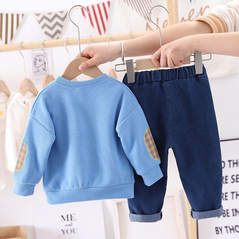 Kinderkleidung Jungenanzug-Set, zweiteilig, langärmelig, Babykleidung, Jeans, Frühlingsmode_voghion.com