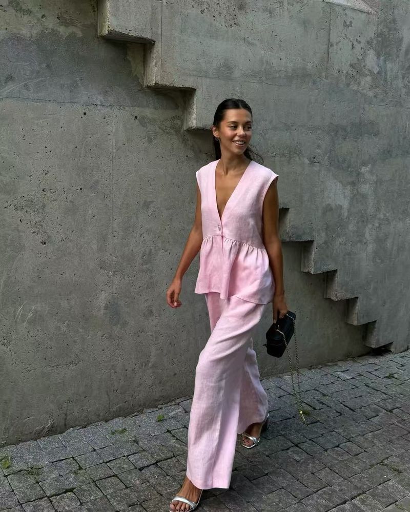 Cotton 2025 New V-Neck Button Sleeveless Top Vest Long Pants Set Solid Color Elegant Commuting Two-Piece_voghion.com