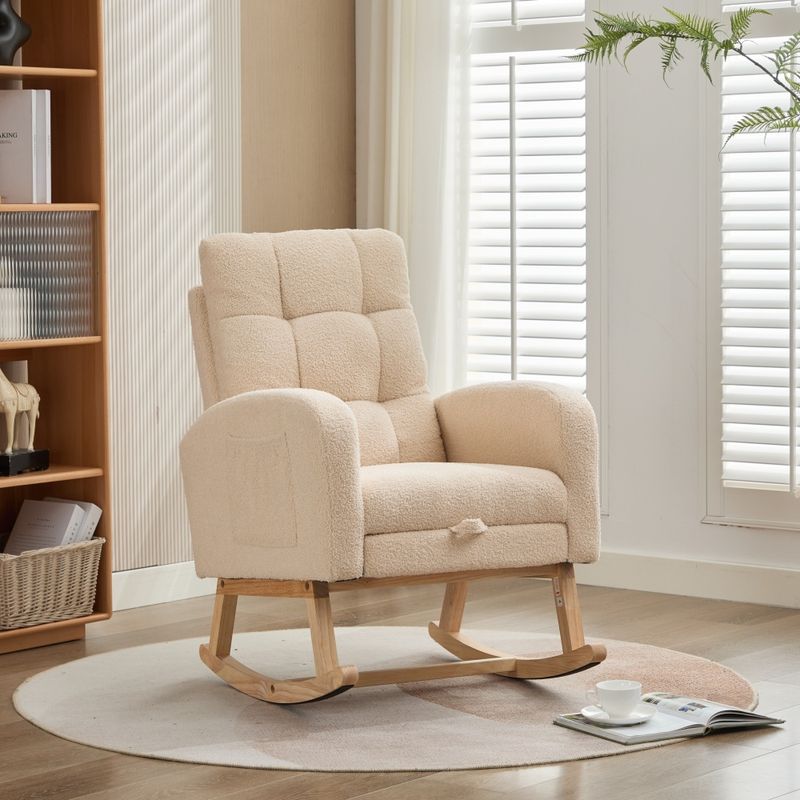 Teddy-Samt-Schaukelstuhl Beige: Massivholzgestell, Metallfüße, Hohe Schaumstoffpolsterung, Für Wohnzimmer/Schlafzimmer/Kinderzimmer_voghion.com