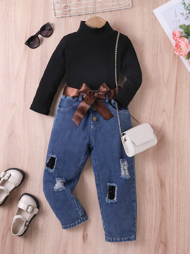 Kinder Kleidung Für Mädchen Herbst Und Winter Pit Streifen Einfarbig Langarm Jumper Zerrissene Denim Hosen Zwei-stück set_voghion.com