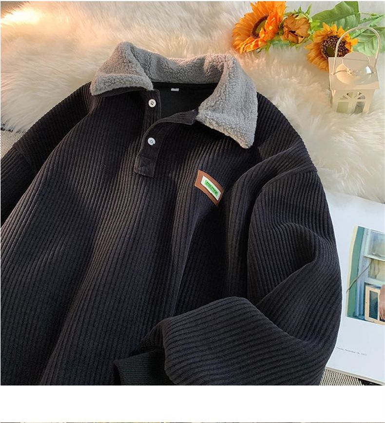 Felpa con collo a polo in velluto a coste da uomo, autunno e giacca in lana di agnello spessa foderata in pile, coppia, inverno, giovani_voghion.com