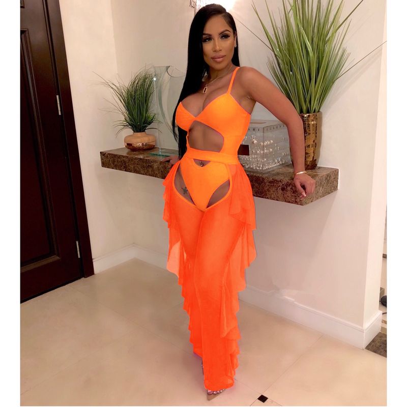 Vêtements pour femmes, maillot de bain de couleur unie, ensemble deux pièces en gaze en maille_voghion.com