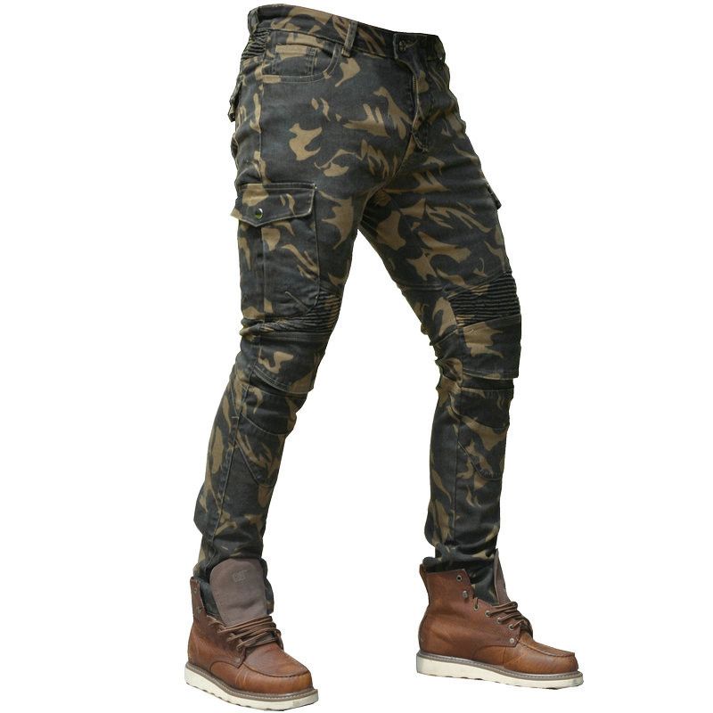 Jeans da motociclista classici mimetici da uomo – Pantaloni in denim elasticizzato per tutte le stagioni con protezione per le ginocchia e misto cotone traspirante (ATM-8, mimetico)_voghion.com
