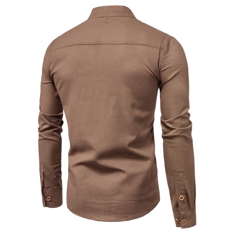 Camicia da uomo a maniche lunghe in cotone e lino autunnale da uomo_voghion.com