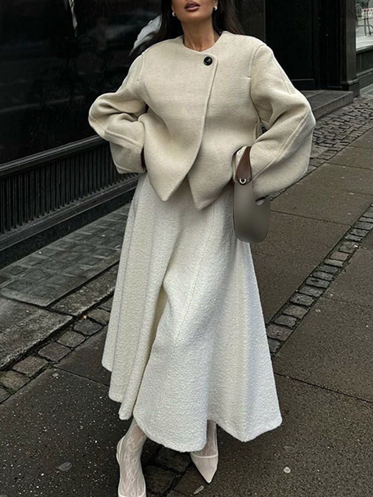 Elegante Einknopf-Wollmischungsjacke für Damen - Lässiger Kurzmantel mit Rundhalsausschnitt, langen Ärmeln - Vielseitige Oberbekleidung für Herbst und Winter I_voghion.com