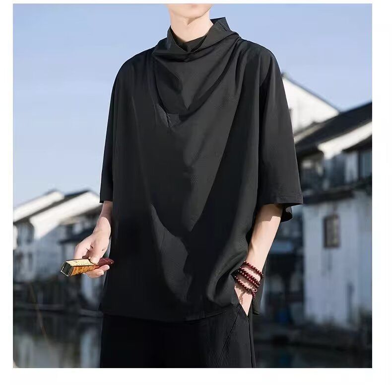 Summer high pile neck short men's Chinese style design half sleeved T-shirt high-end hanging loose clothing_voghion.com