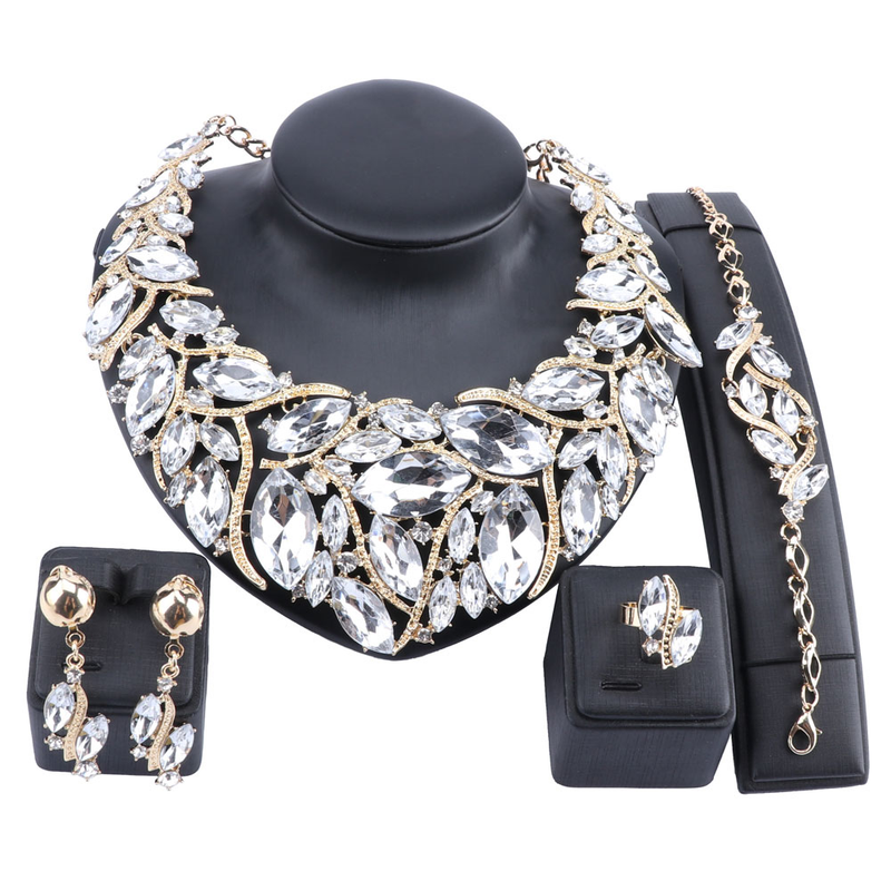 Women Bridal Wedding Party Jewelry Sets Crystal Gem Pendant Necklace Earrings Bracelet Ring Accessories _voghion.com