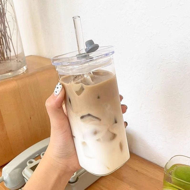 Glass Water For Women, Korean Style, Square, Ins High Aesthetic, With Lid, Transparent, Simple, Flat Bottom, Heat_voghion.com