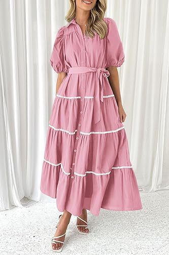 Abito camicia a maniche corte con pieghe a strati in pizzo con maniche a sbuffo da donna_voghion.com