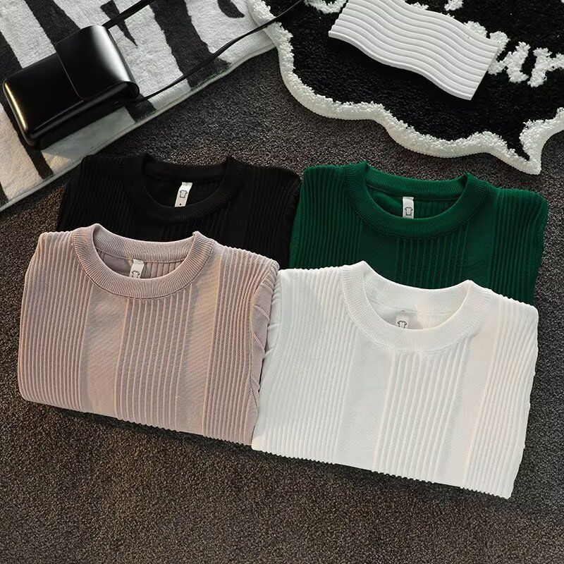 Männerkleeder Kuerzärm Pullover fir Männer am Summer, einfacht an villfältegt Design, gestreift hallefärmlech Ronnhals gestrickt T-Shirt_voghion.com