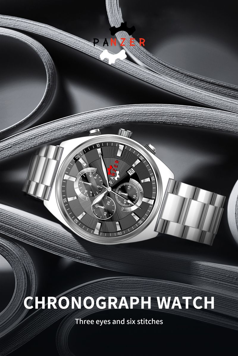 PANZER Fashion Herrenuhr mit großem Zifferblatt und Stahlarmband, Drei-Augen-Kalender, Sechs-Pin-Quarzuhr, Business-Uhr für Herren_voghion.com