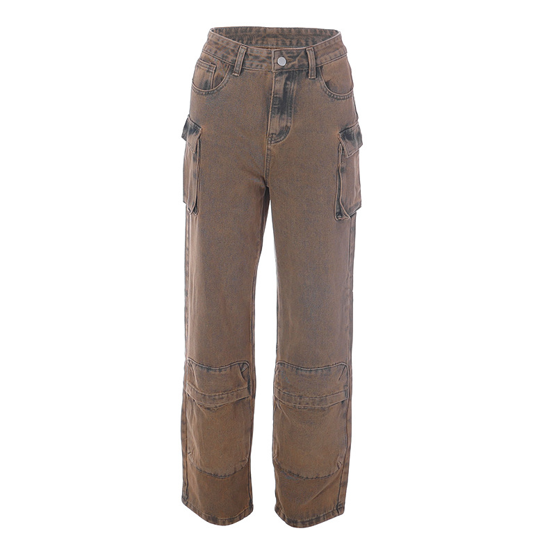 K23PT003 Pantaloni casual in denim da tasca a vita alta con bottoni casual a tinta unita estivi da donna_voghion.com