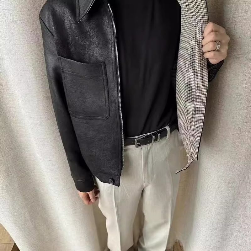 Herrenbekleidung Frost Crack Houndstooth Futter PU Leder Jagd Motorrad Lederjacke Cleanfit Kurze Weite Jacke Für Männer Und Frauen_voghion.com