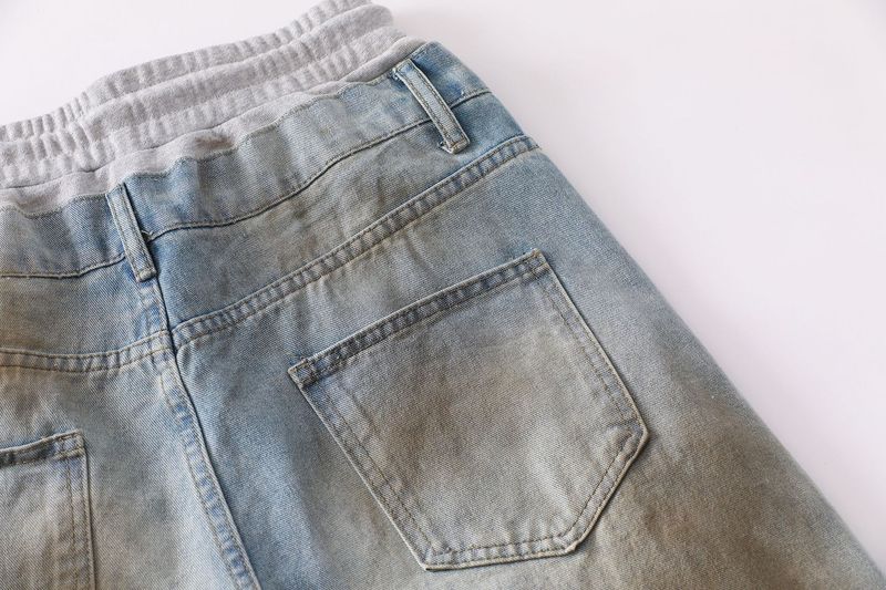 Men's Clothing Retro Washed Elastic Waistband Patchwork Denim Loose Jeans Dirty Ripped Design Long Pants_voghion.com