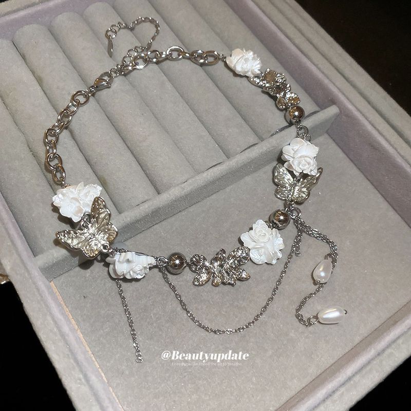 White Flower Butterfly Pearl Tassel Miimalist Fashio Temperamet Collarboe Chai Niche Desig Sese Necklace For_voghion.com