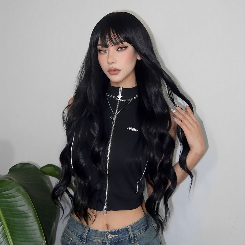 Parrucche sintetiche nere naturali Parrucche lunghe ondulate con frangia Parrucca per capelli quotidiani Cosplay per donne Parrucche in fibra resistente al calore_voghion.com