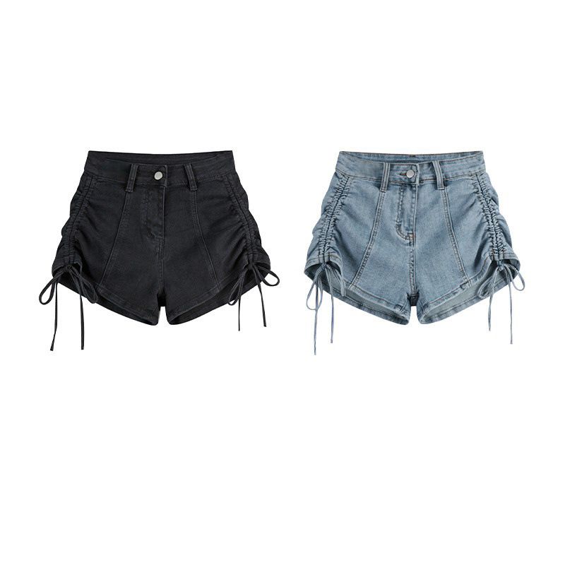 2025s Elastic Drawstring Denim Shorts For Women, Summer New High-Waisted Slimming Tight Design A-Line Hot Pants, Ins Trend_voghion.com