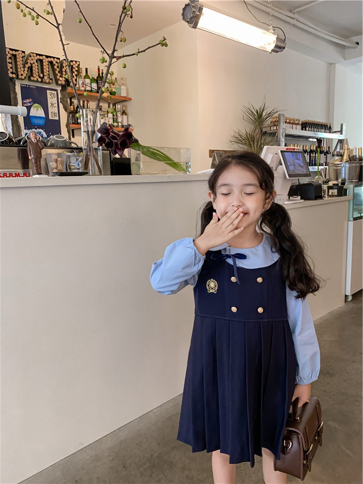Abbigliamento per bambini, set autunnale per ragazze, graziosa camicia universitaria feng shui+gonna gilet in stile britannico blu navy_voghion.com
