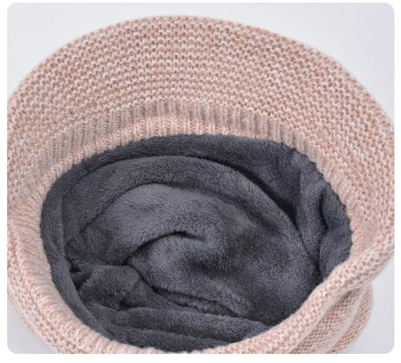 CHRLCK Bonnet Chapeaux Ensemble Femmes Chaud Tricoté Crâne Cap Cou Plus Chaud Épaissir Fourrure Doublé Dame Hiver Chapeau Masque Écharpe_voghion.com