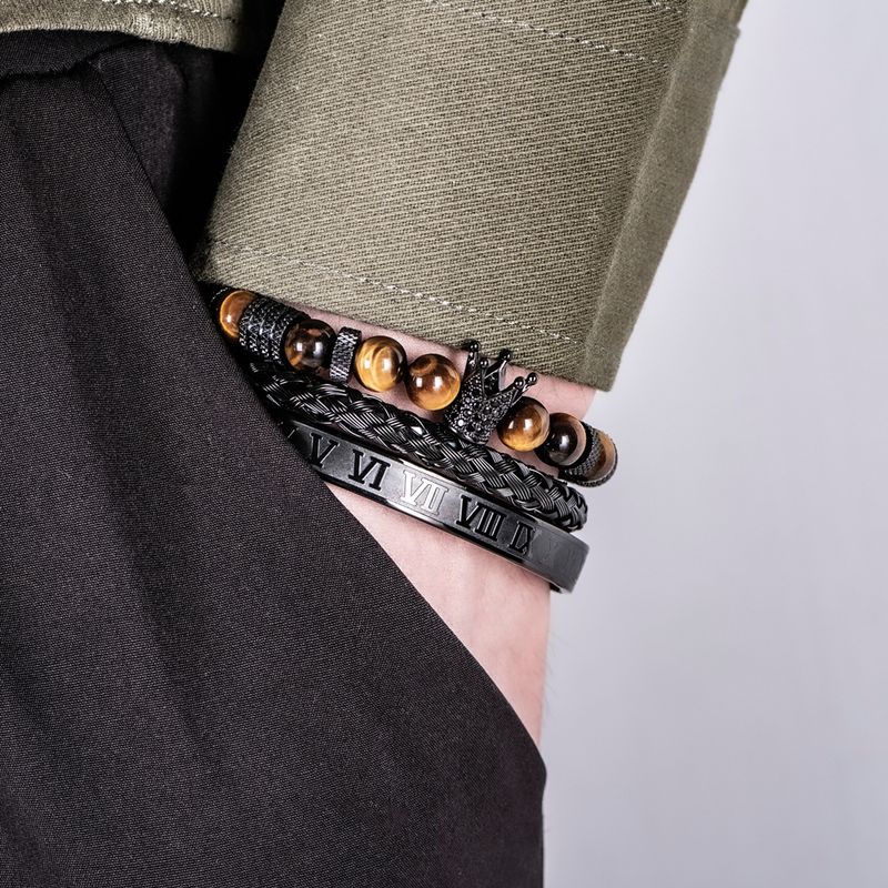 Men's Jewelry Crown & Tiger Eye Beaded Bracelet Set - Stainless Steel Micro-Pave Diamond Accent Hand Chain For Trendy Style Hand Jewelry_voghion.com