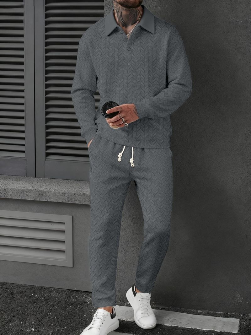 Completo polo e pantaloni a righe color grano da uomo – Completo sportivo a maniche lunghe per look casual e sportivi_voghion.com