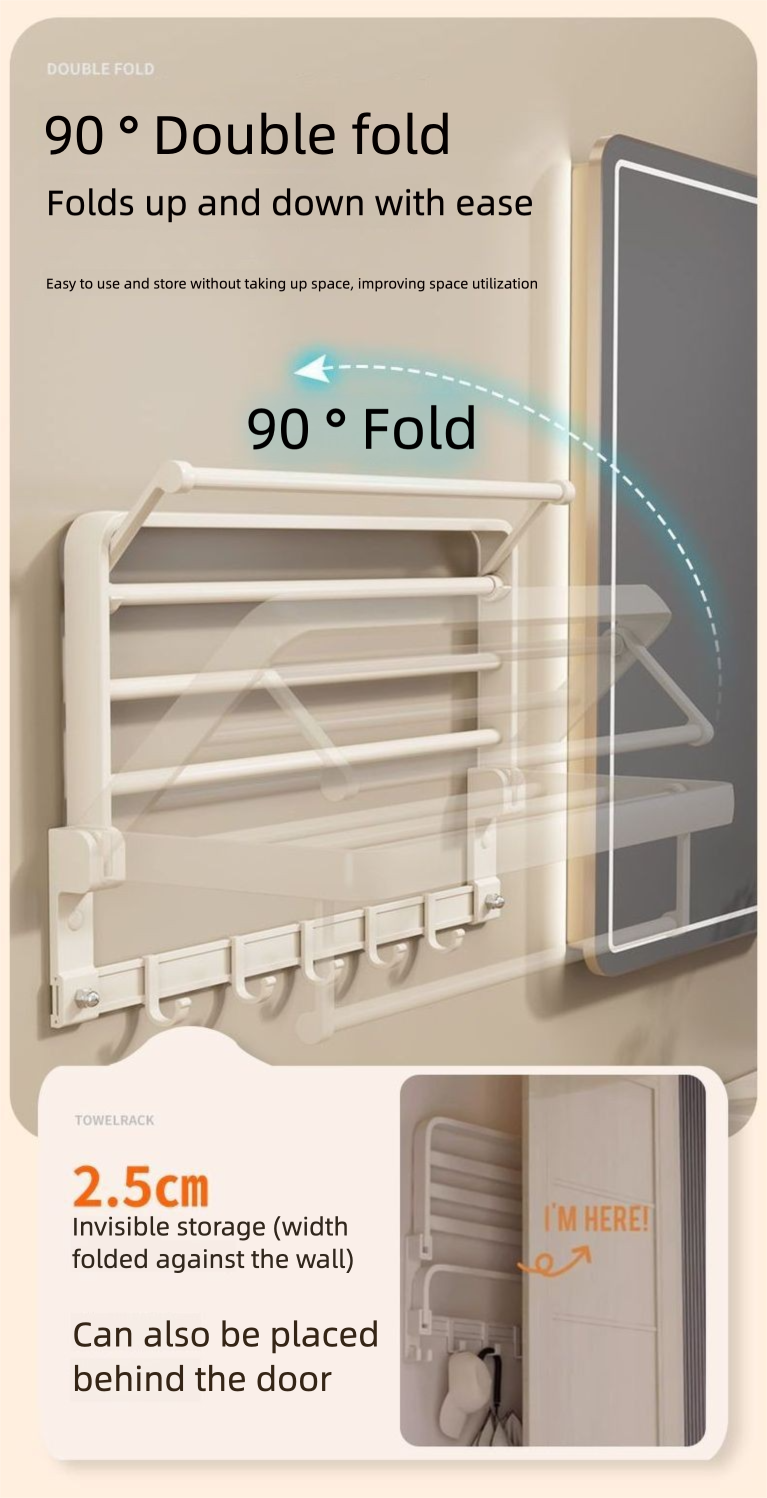 Cream Color Space Aluminum No-Drill Bathroom Storage Rack Foldable Towel Bar Organizer_voghion.com