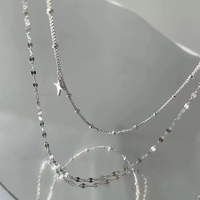 Stacked Cross Pendant Titanium Steel Necklace Niche Light Luxury Starburst Minimalist Thin Chain Double Layer Clavicle_voghion.com