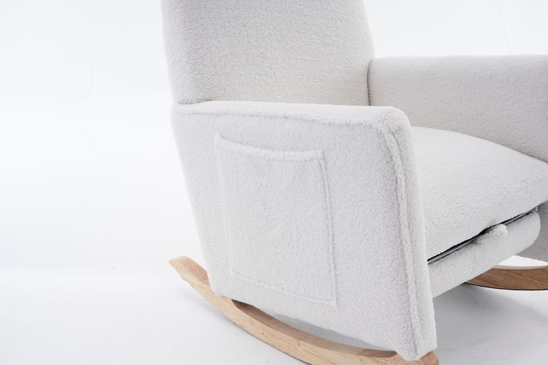 Fauteuil à bascule 044 avec pouf, fauteuil inclinable d'intérieur à dossier haut en tissu Teddy blanc pour salon_voghion.com