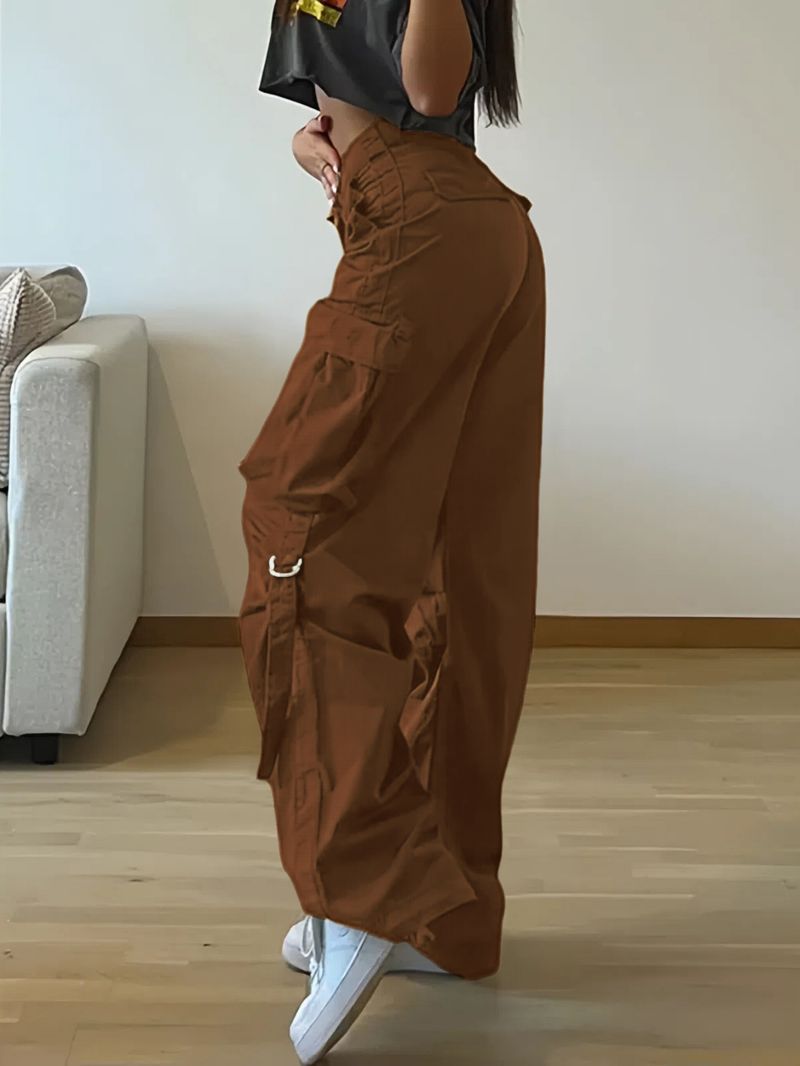 Pantaloni da donna retrò, con tasche, cuciture, vita media, gamba larga, coulisse, casual, tinta unita_voghion.com