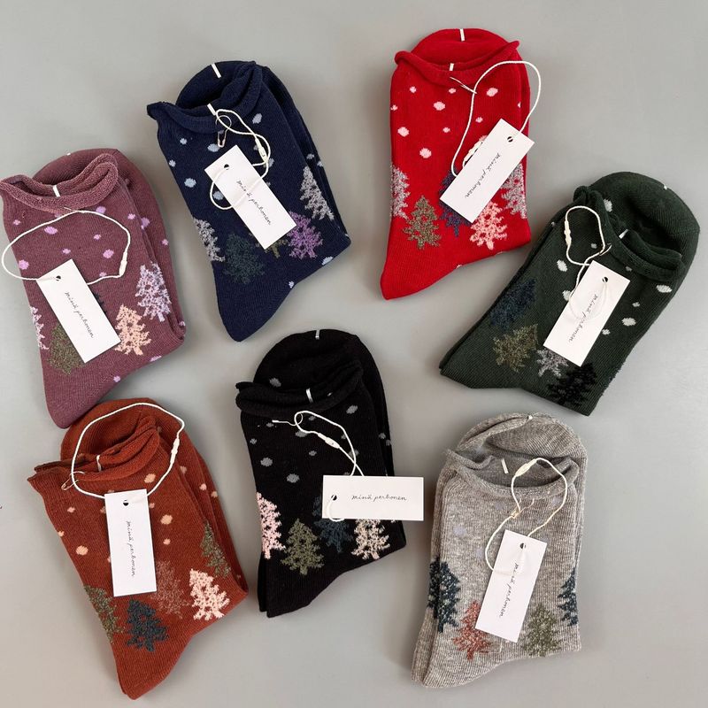 Lillian Japanese Akira Minagawa Mina Perhonen Style Retro Snowflake Christmas Tree Rolled Edge Autumn Winter Mid-Calf Socks_voghion.com