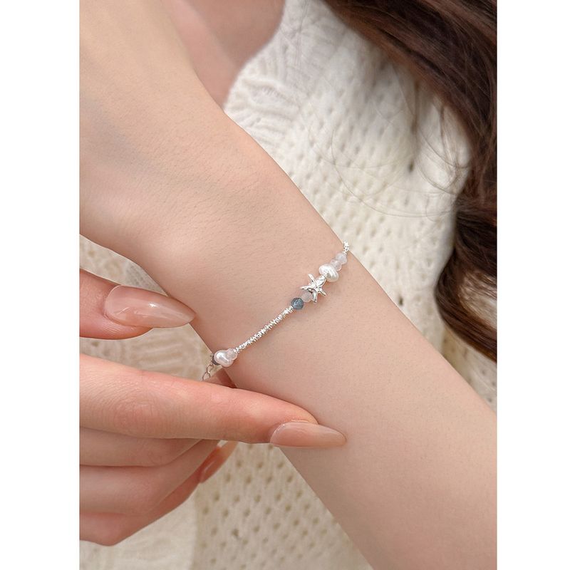 Women’s Summer Starfish Natural Pearl Charm Bracelet - Niche Fresh Design With Fragmented Silver & Aquamarine Accents_voghion.com