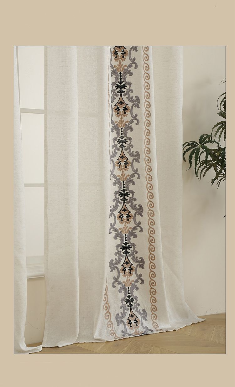 Linen Embroidered Lace Eyelet Curtains - Breathable Sheer Drapes For Bedroom & Living Room (Boho Style, Natural Texture, 52x84 Inches, Ready-Made)_voghion.com